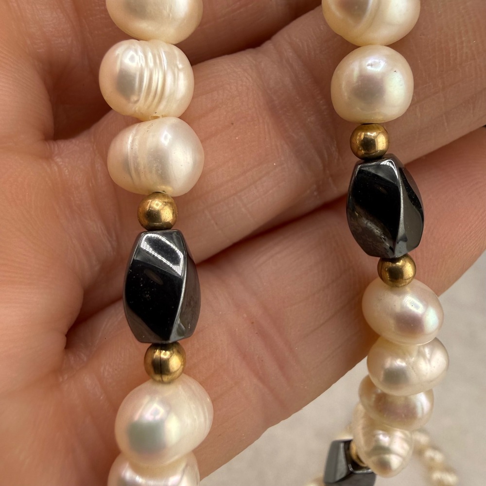 Estate Necklace White Freshwater Pearl Grey Hematite Magnetic Clasp 26in